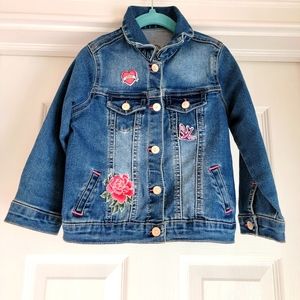 Jordache Girls 4T Denim Jacket Rose, Love and Bird Patches